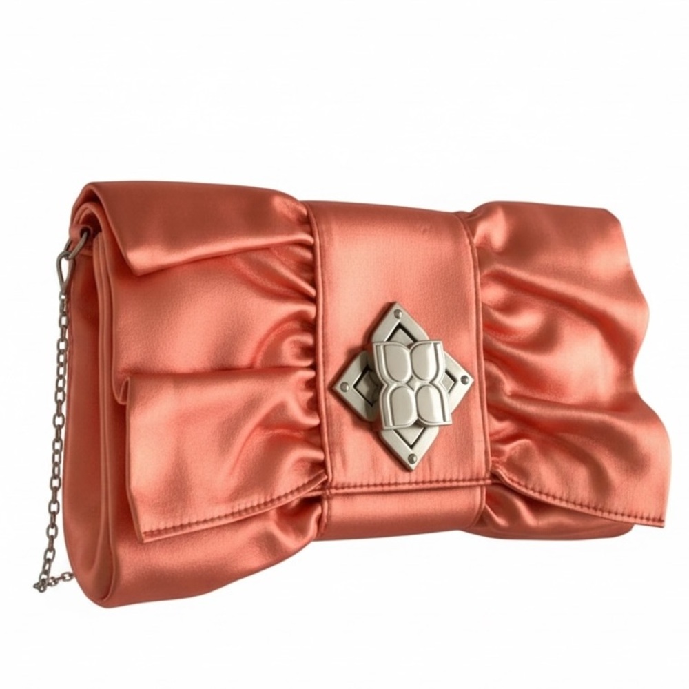 BCBGMAXAZRIA Coral  EVENING SATIN Silver CHAIN  CLUTCH - TURN LOCK NWT